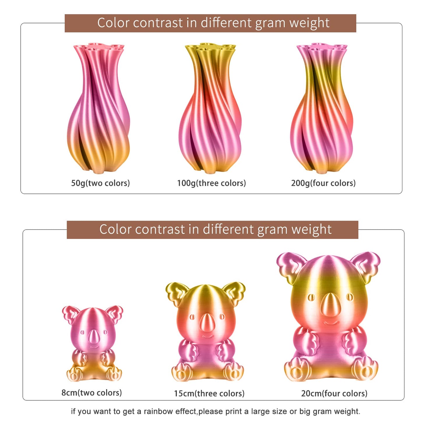 3D Printer Filament, Silk Rainbow PLA Filament 1.75 mm, Color Change Filament Dimensional Accuracy +/- 0.03 mm, 1 KG Spool, PLA Rainbow Silk Multicolor