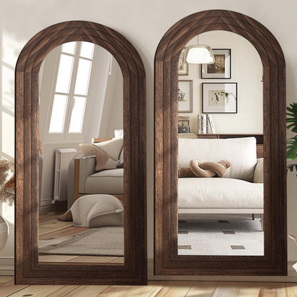 ZHUNFA Arched Full Length Mirror with Solid Wood Frame, 71x32 Farmhouse Wall Mounted Floor Mirror with Stand, Vertical Hanging, Leaning Standing for Bedroom, Living Room, Brown - WoodArtSupply