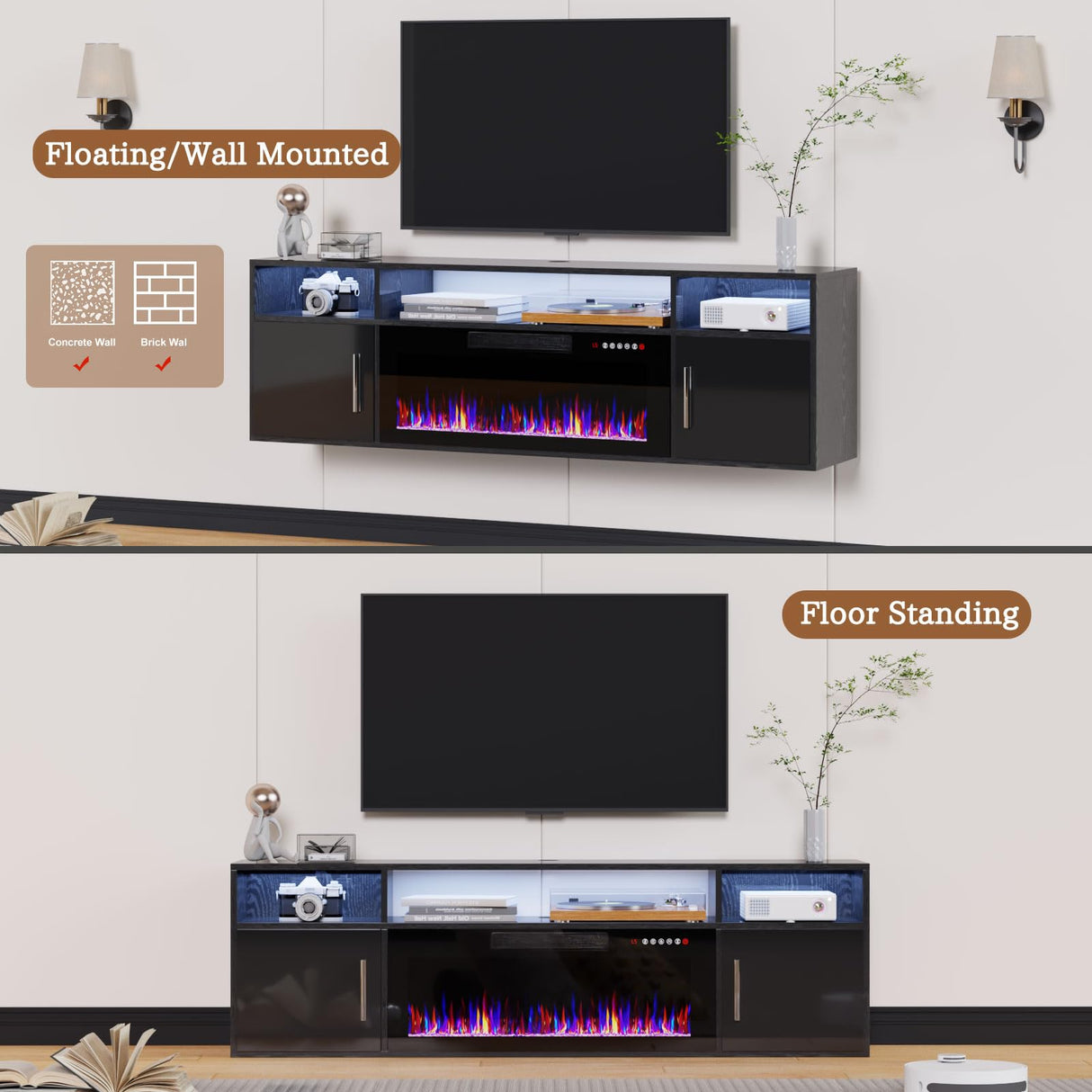 PRETZI Floating Fireplace TV Stand, 70" Wall Mounted Entertainment Center with 36" Fireplace for TVs Up to 80", LED Modern Wood TV Console with High Gloss Cabinet for Living Room (Black) PRETZI