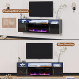 PRETZI Floating Fireplace TV Stand, 70" Wall Mounted Entertainment Center with 36" Fireplace for TVs Up to 80", LED Modern Wood TV Console with High Gloss Cabinet for Living Room (Black) PRETZI