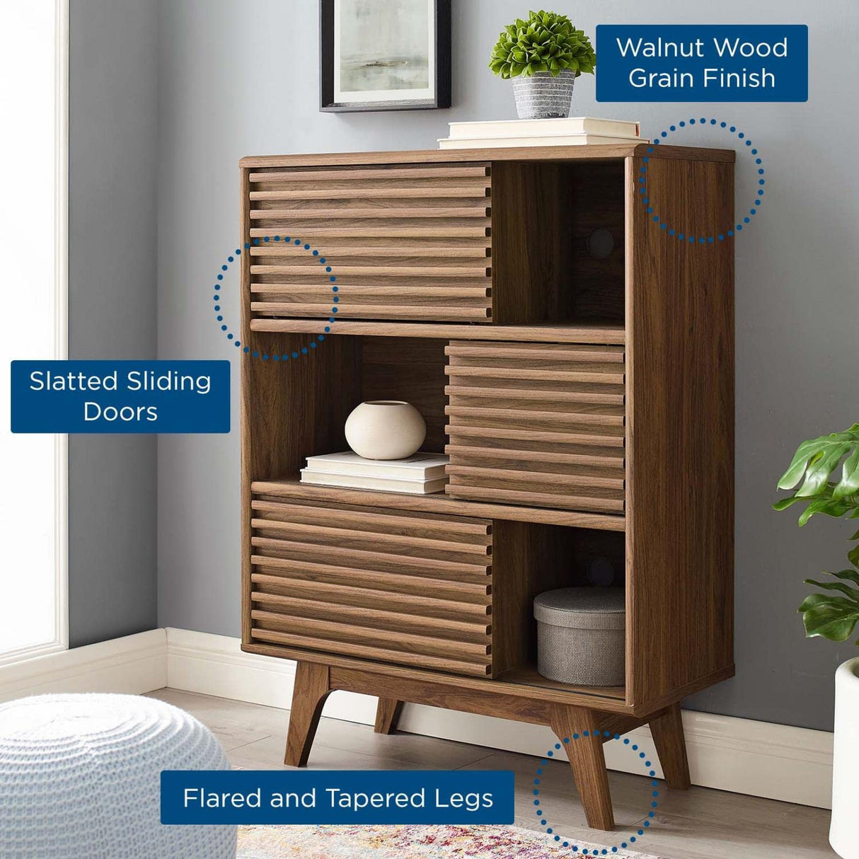Modway Render Three-Tier Display Storage Cabinet Stand, Walnut Modway