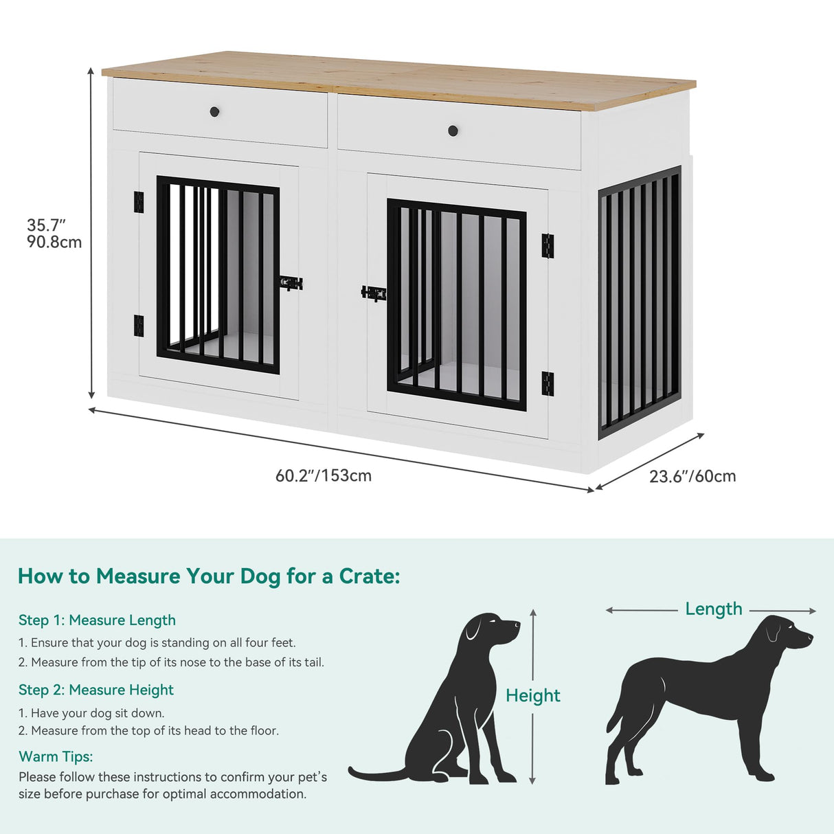 YITAHOME 60" Wooden Dog Crate Furniture with Removable Divider & Storage Drawers, Double Door Kennel with Locks for Medium and Large Dogs, Multi-Functional Dog Crate End Table for Indoor use, White YITAHOME