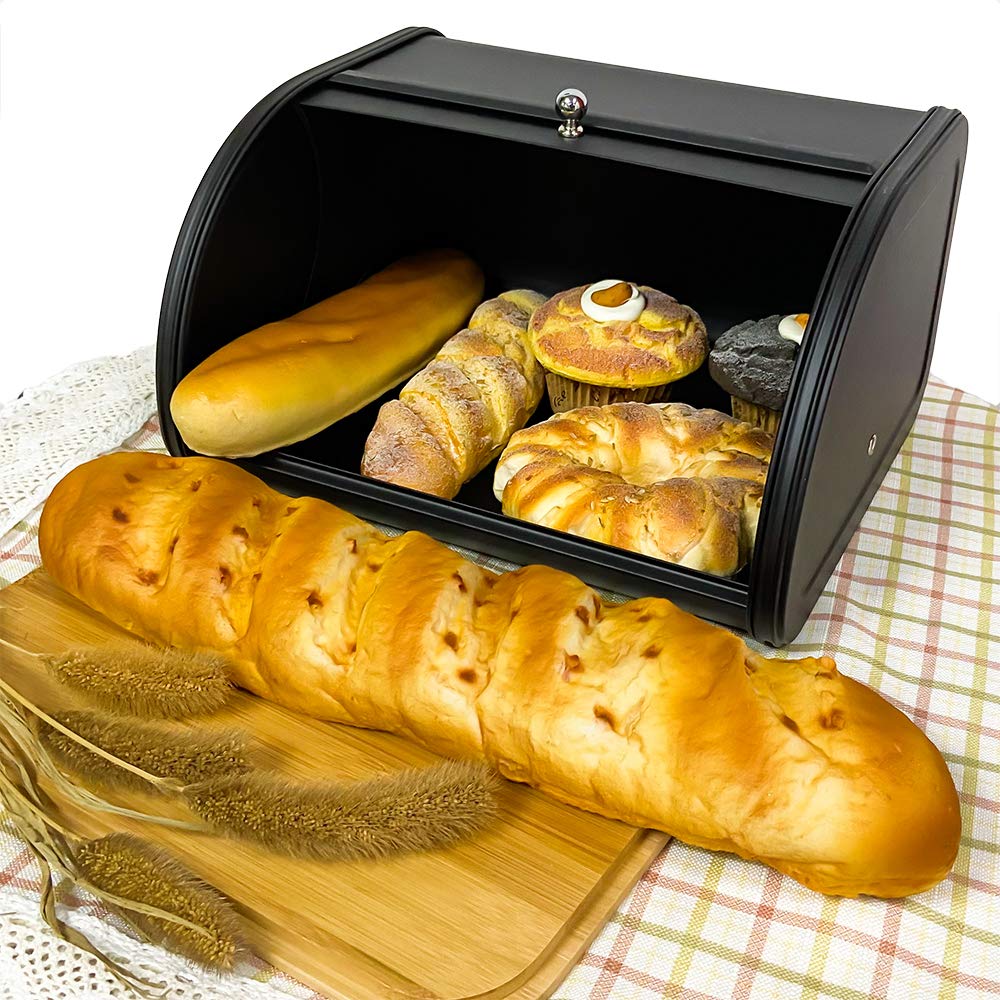 KL X458 Metal Bread Box/Bin/kitchen Storage Containers with Roll Top Lid (Black) KL