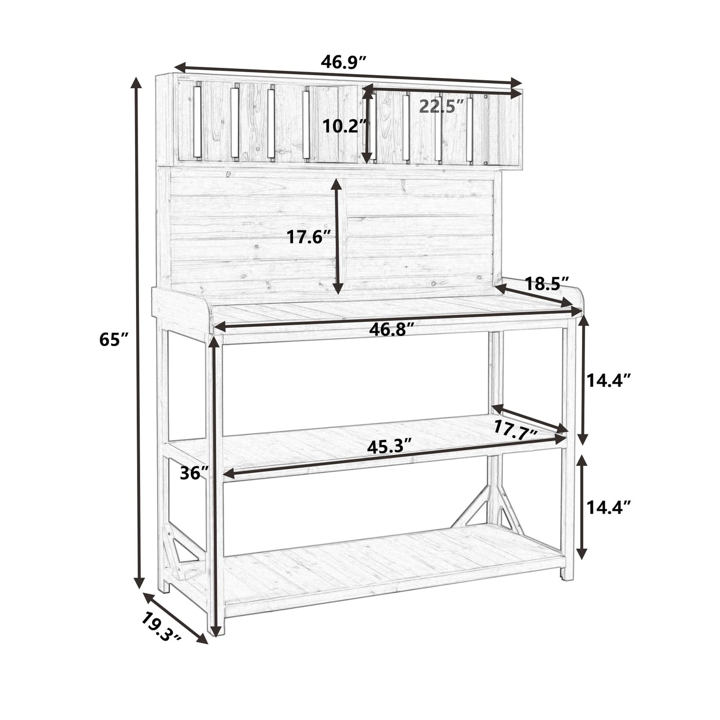 ACQCA 65" Large Outdoor Potting Bench Table,Wooden Patio Workstation with 4 Storage Shelves and Side Hook for Garden,Greenhouse,Backyard,Natural