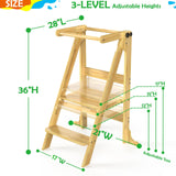 Toddler Tower Foldable - Kids Kitchen Step Stool with 3 Adjustable Heights & Safety Rail, Montessori Tower with Chalkboard for Learning, Standing Tower Helper Stool for Kitchen Counter Sink (Natural) SAUCE ZHAN