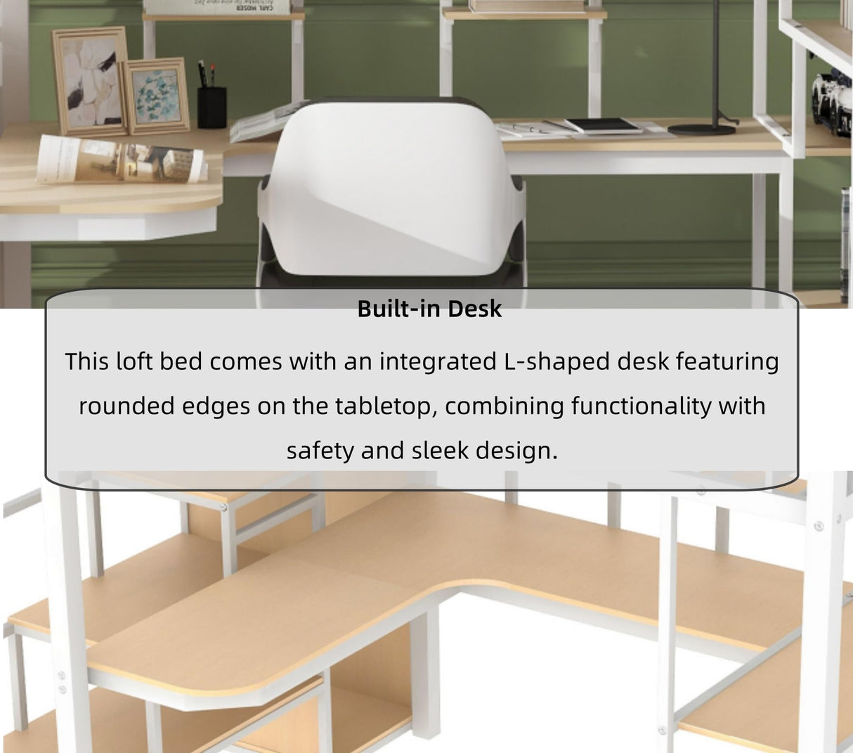 Merax Metal Full Size Loft Bed Frame with Built-in Desk & Storage Stair & Shelves & Wardrobe for Kids, No Box Spring Needed, White Merax