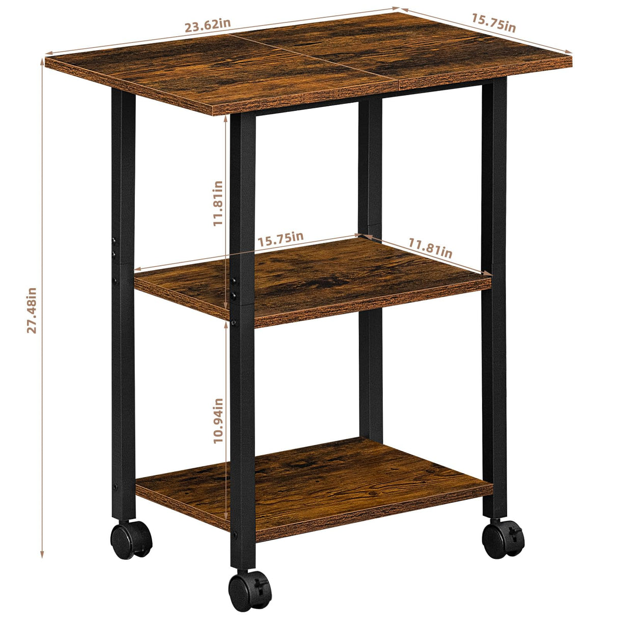 Lerliuo 3-Tier Printer Stand, Industrial Mobile Printer Table with Storage Shelf and Steel Frame, Rolling Printer Cart Holder with Lockable Wheels for Home, Office (Brown) Lerliuo