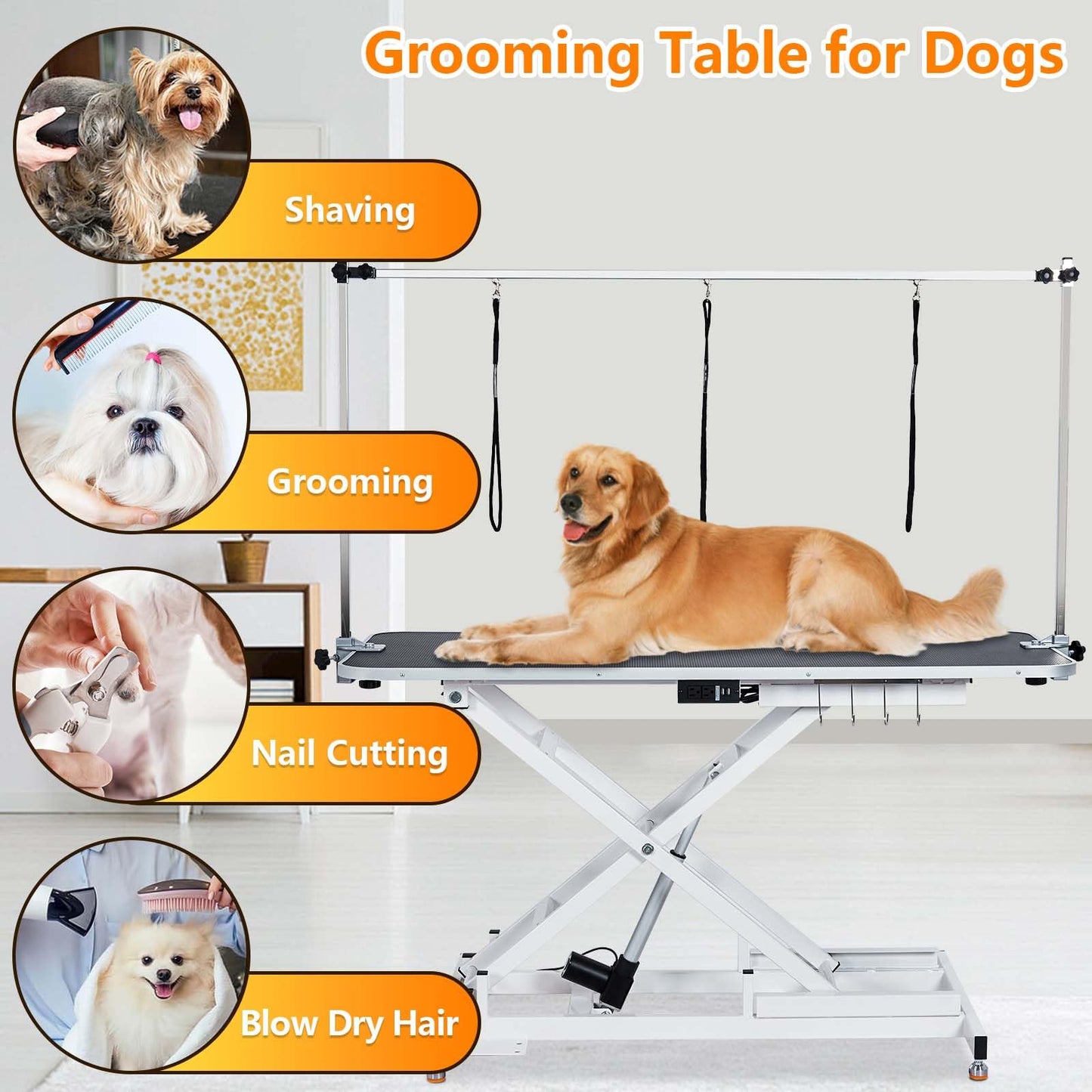 60" Electric Dog Grooming Table, Wireless Remote Adjustable Pet Grooming Table for Large Dogs With Anti-Skid Tabletop,Tool Organizer and Grooming Arms, A Replacement Hand Control, White