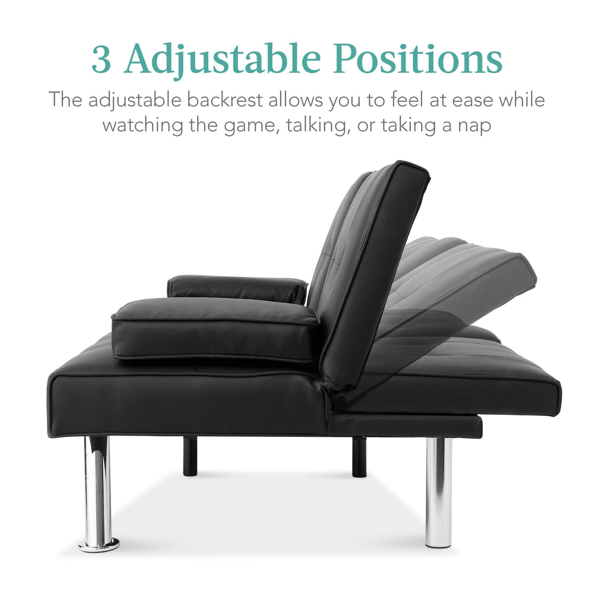 Best Choice Products Faux Leather Upholstered Modern Convertible Futon, Adjustable Folding Sofa Bed, Guest Bed w/Removable Armrests - Black Best Choice Products