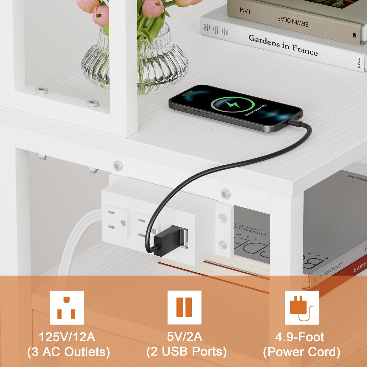 Furologee Tall Nightstand with Charging Station & LED Lights, 41'' Bedside Table with 2 Drawers & Pegboard, White Night Stand with Hooks & Folders, End Table with Shelves for Bedroom/Living Room Furologee