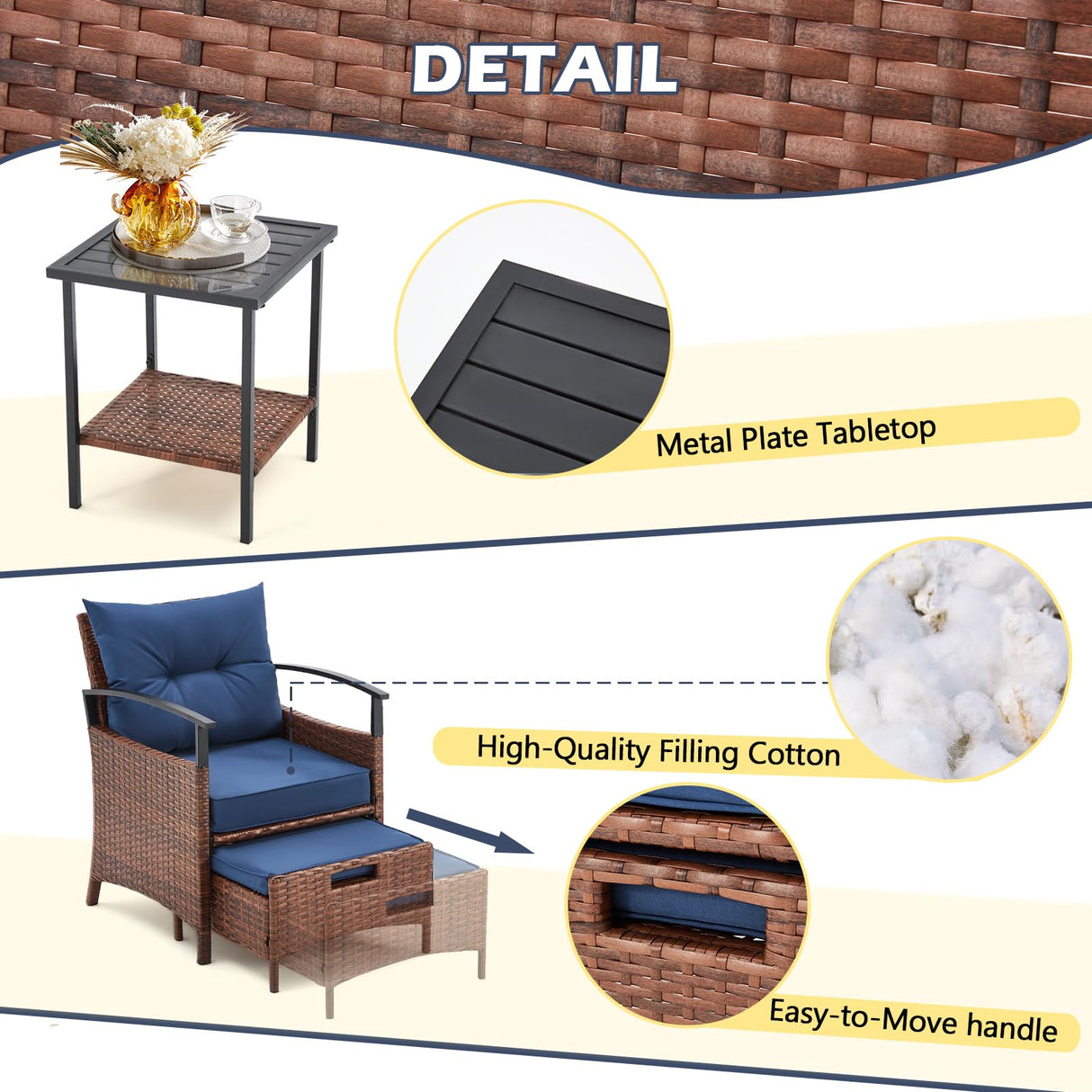 AVAWING 5 PCS Outdoor Rattan Furniture Set, Wicker Conversation Sets W/Metal Coffee Table and Soft Cushions, Patio Chairs with Ottomans for Garden, Porch, Balcony and Deck (Blue) AVAWING