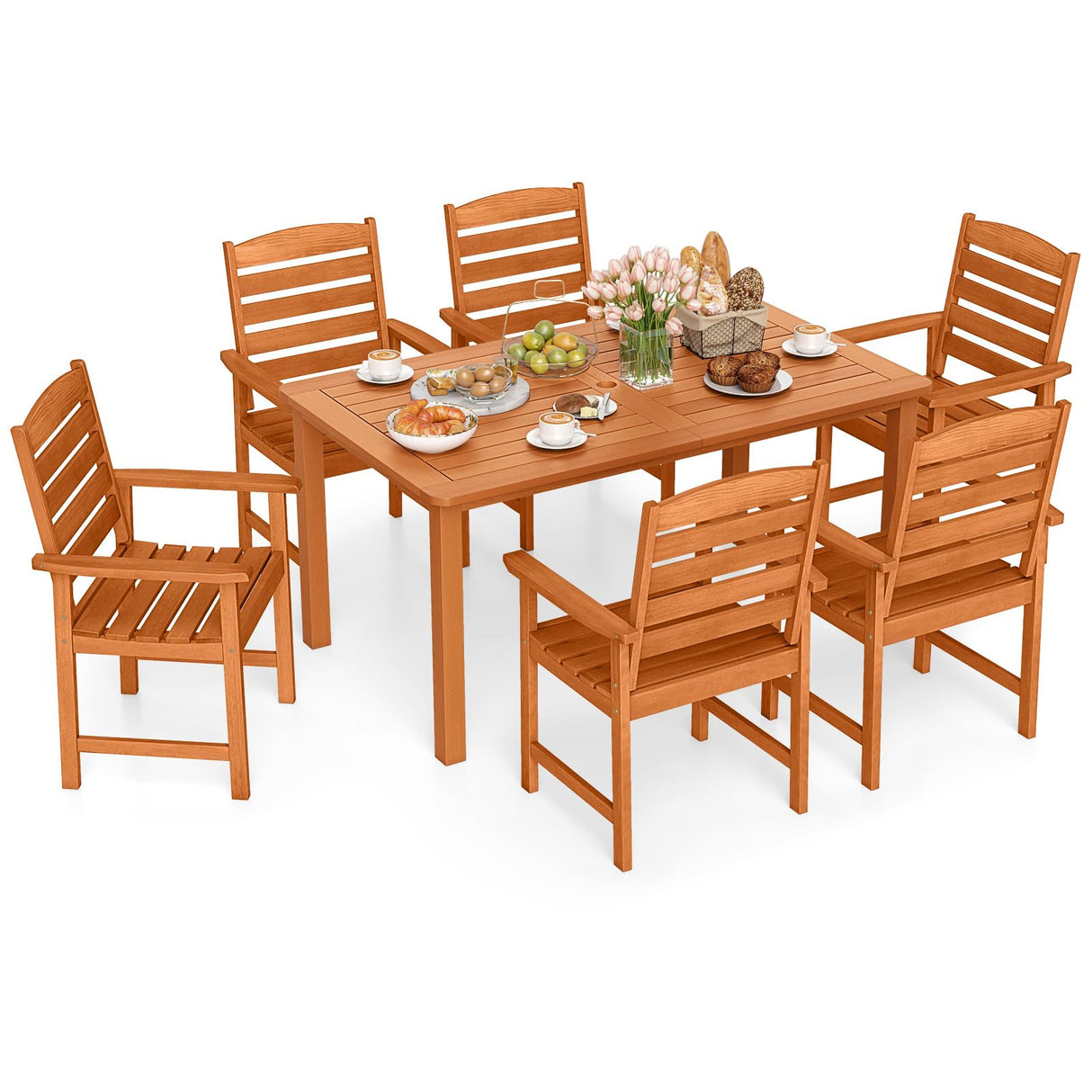 Tangkula 7 Pieces Outdoor Dining Set for 6, Patio Solid Wood Slatted Rectangular Dinner Table and Armchairs Set w/Umbrella Hole, Teak Oil Finish, for Lawn, Deck, Yard, Porch and Poolside Tangkula