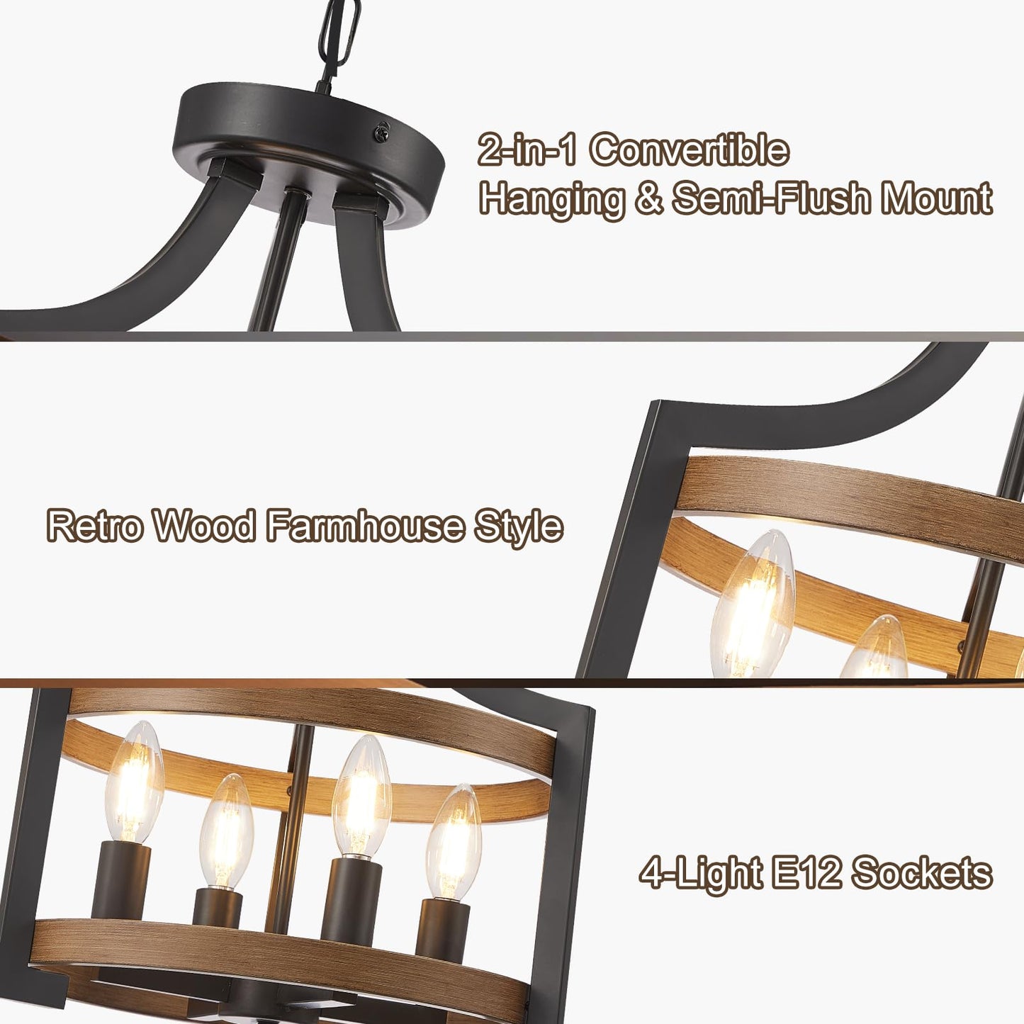 HOXIYA Farmhouse Chandelier, 4 Light Modern Hanging Pendant Lighting, Convertible Semi Flush Mount Ceiling Light, Black and Faux Wood Pendant Light Fixture for Dining Room Kitchen Hallway Bedroom