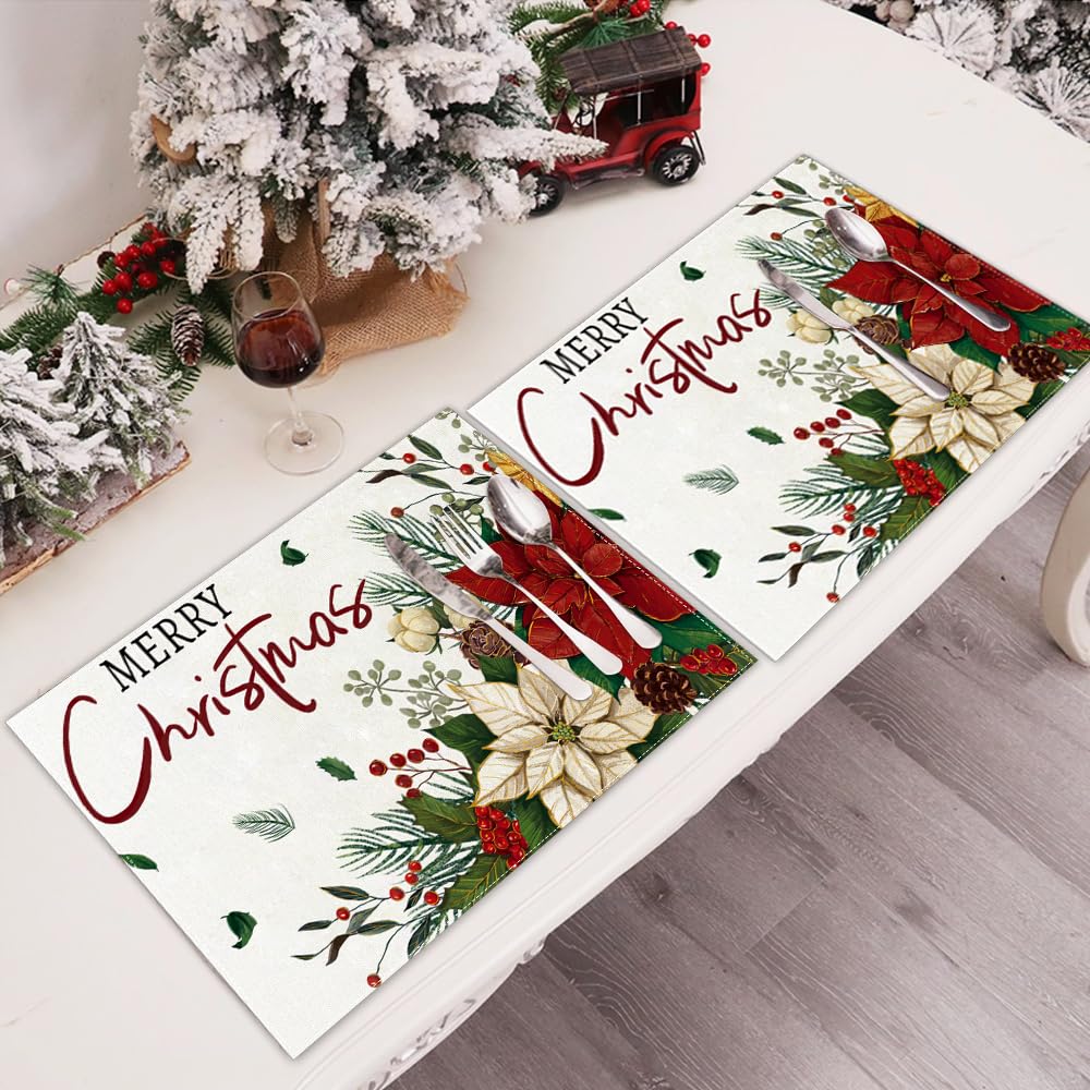 Heirloom Haven 4PCS Merry Christmas Placemats 12x18 inch Red Floral Holly Seasonal Winter Place Mats Rustic Plastic Christmas Table Mats for Kitchen Dining Indoor Home Party Decoration Heirloom Haven