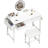 KAI-ROAD White Vanity Table with Lighted Mirror - 40“ Makeup Vanitys with Lights, Fabric Drawers & Power Outlet, Dressing Table Vanities Chair Set for Girls Bedroom KAI-ROAD