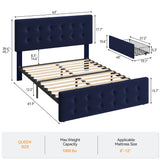 IDEALHOUSE Queen Size Bed Frame with 4 Storage Drawers and Headboard, Velvet Upholstered Platform Bed Frame with Wooden Slats Support, Button Tufted Design, No Box Spring Needed, Blue IDEALHOUSE