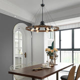 XINGQI 31.5" Wagon Wheel Chandeliers Large Modern Farmhouse Light Fixture, Black & Wood Grain Finish 6-Light for Dining Room Living Room Office XINGQI
