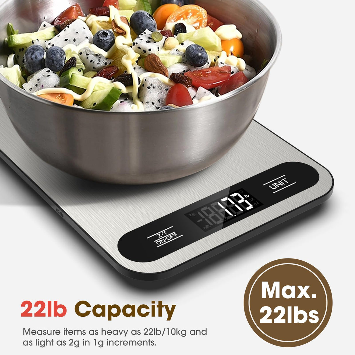 Mik-Nana Food Scale, 22lb Digital Kitchen Scale with 6 Units Tare Function & LCD Display, Stainless Steel Weight Grams and Ounces for Baking, Cooking and Meal Prep (Batteries Included) Mik-Nana