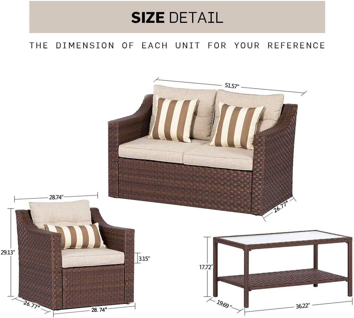 SOLAURA Patio Furniture Set Outdoor Conversation Set All Weather Wicker Furniture 4 Pieces Sectional Sofa Set with Tempered Glass Coffee Table-Brown SOLAURA