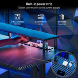 HLDIRECT 47 Inch Gaming Desk with LED Lights & Power Outlet, Computer Gamer Desk with Monitor Stand, Ergonomic Carbon Fiber Gaming Table Home Office Desk with Cup Holder, Headphone Hook & Mouse Pad HLDIRECT