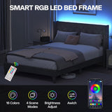 DOGIBIXO Grey Upholstered Bed Frame with LED Lights and Wingback Headboard, Easy Assembly, No Box Spring Needed DOGIBIXO