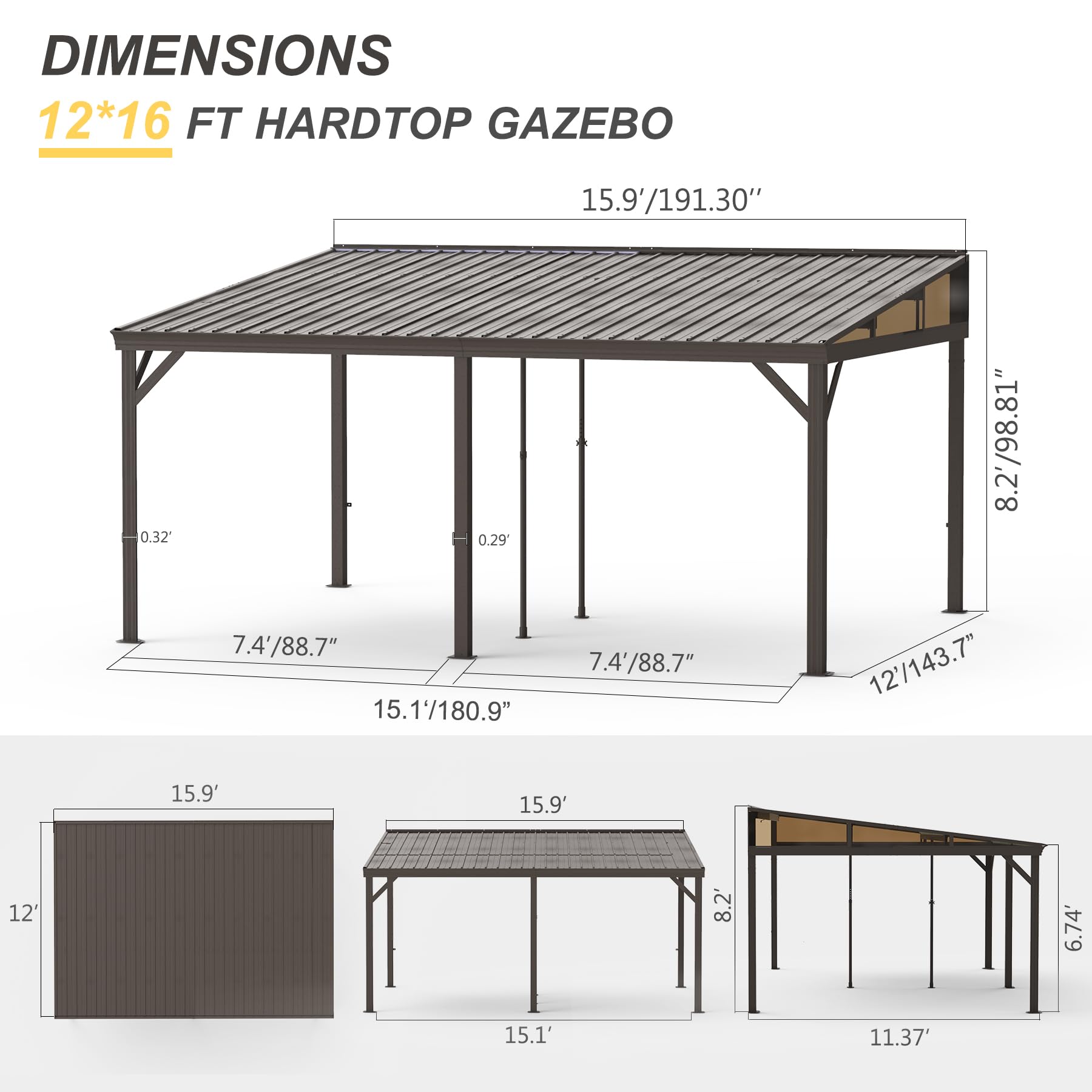 Domi 12x16FT Wall Mounted Gazebo Aluminum Frame, Lean to Gazebo Hardtop with Galvanized Steel Sloping Roof, Curtains and Netting for Patio Deck Backyard Lawn Party - WoodArtSupply