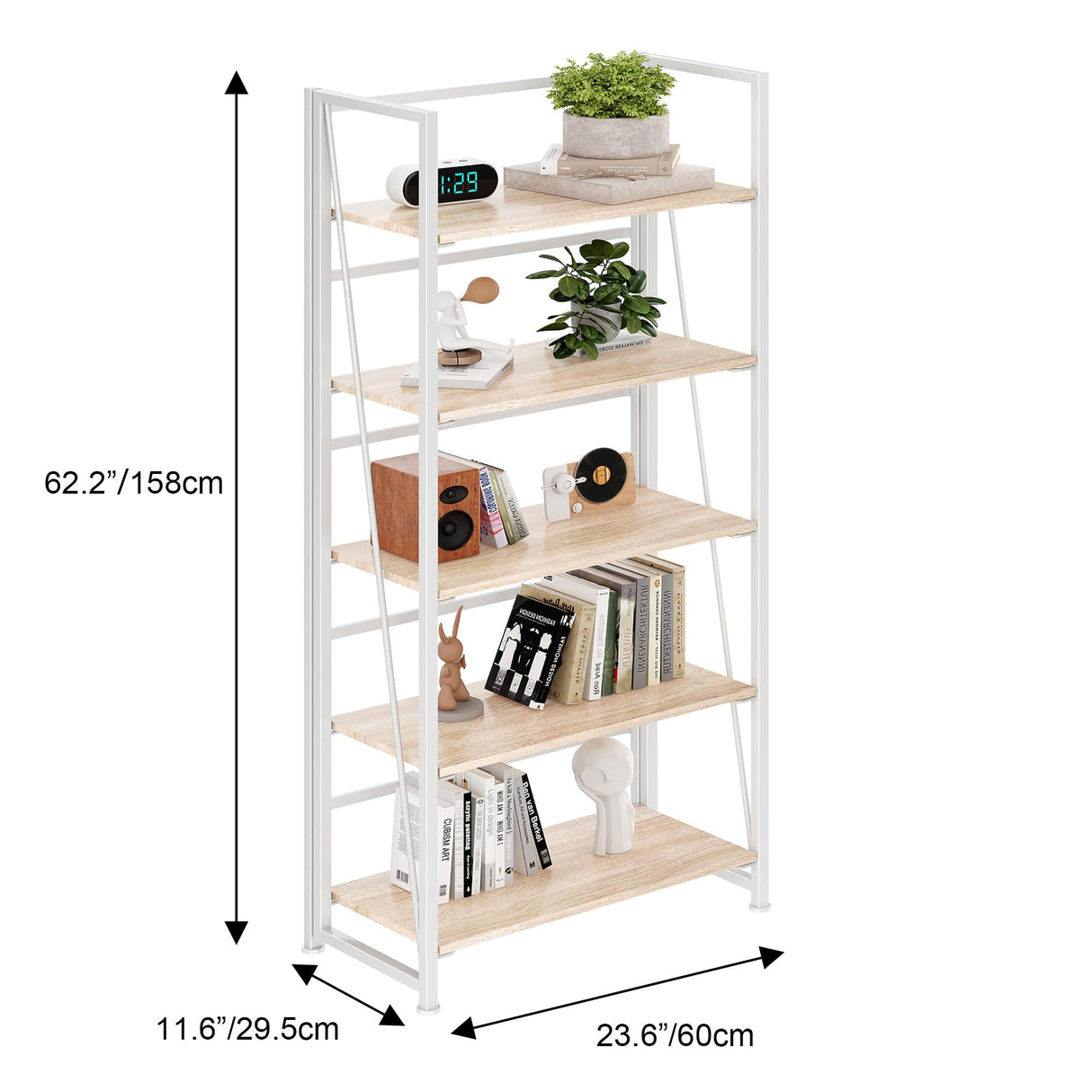 BHG Vintage Multifunctional Folding Bookshelf, No-Assembly Plant Stand Storage Rack Shelves for Home Office (White, 5-Tier) BHG