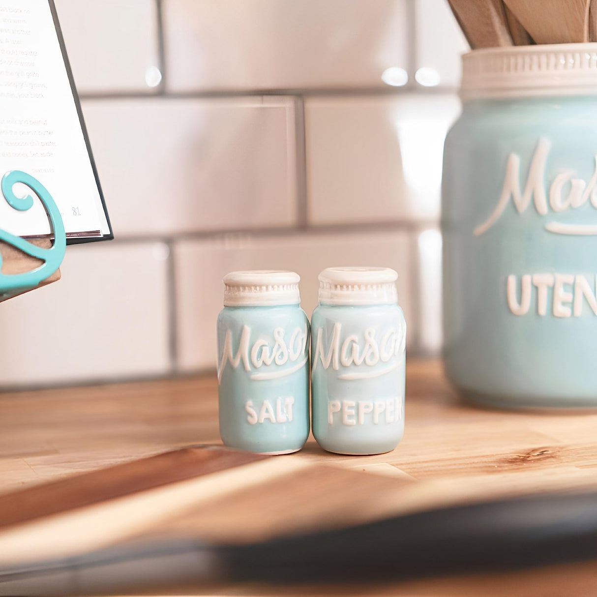 Farmhouse Canisters Sets for the Kitchen - Mason Jar Ceramic Kitchen Utensil Holder, Spoon Rest, Cute Cookie Jar, Salt & Pepper Shaker Sets, Sponge Holder, Measuring Cups & Spoons (Blue, 17-Pc Bundle) Goodscious