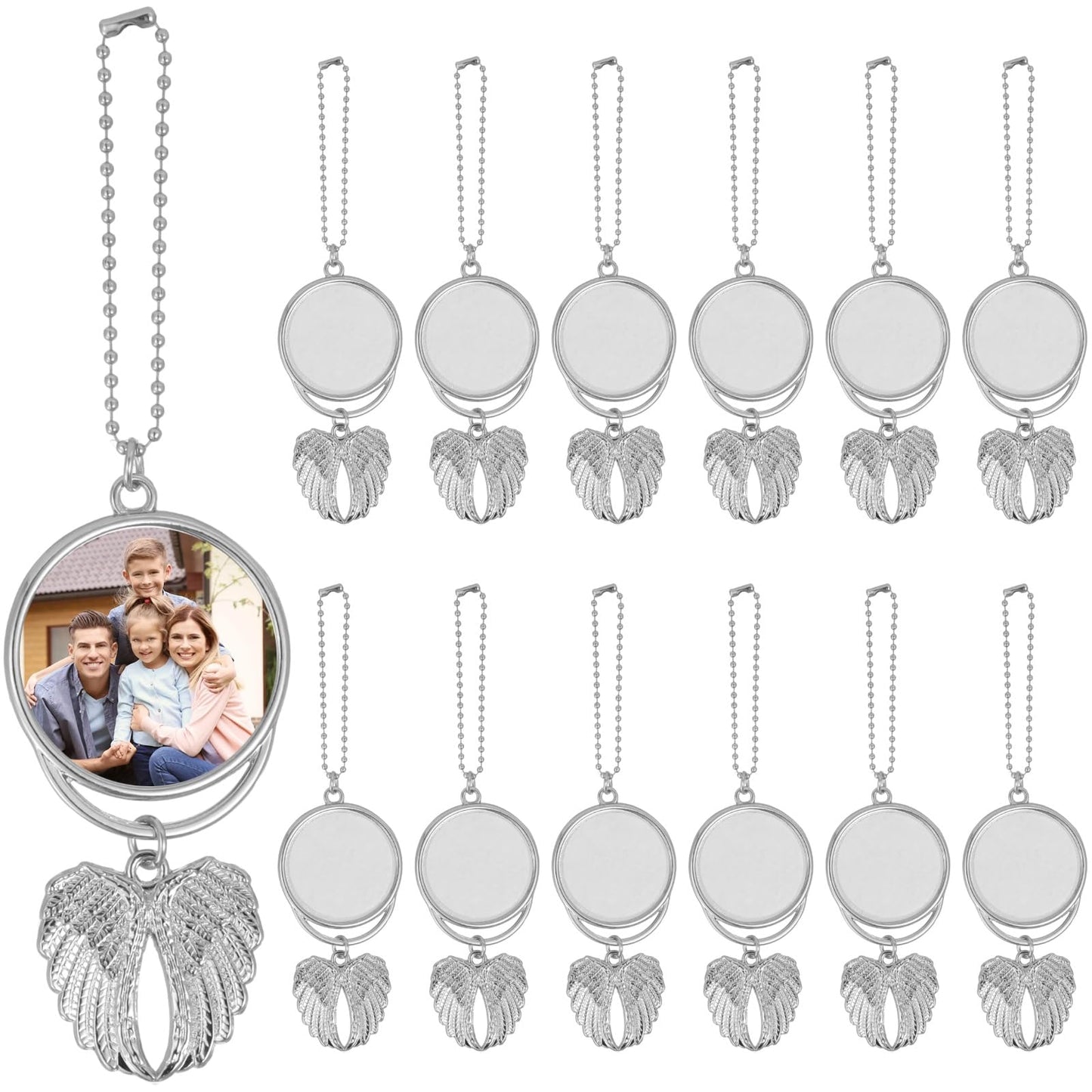 OMISTAR 12 PCS Angel Wings Sublimation Keychain Blanks, Double Side Heat Transfer Blanks with Angel Wings Charms, MDF Round Key Rings Blanks for Sublimation DIY Craft