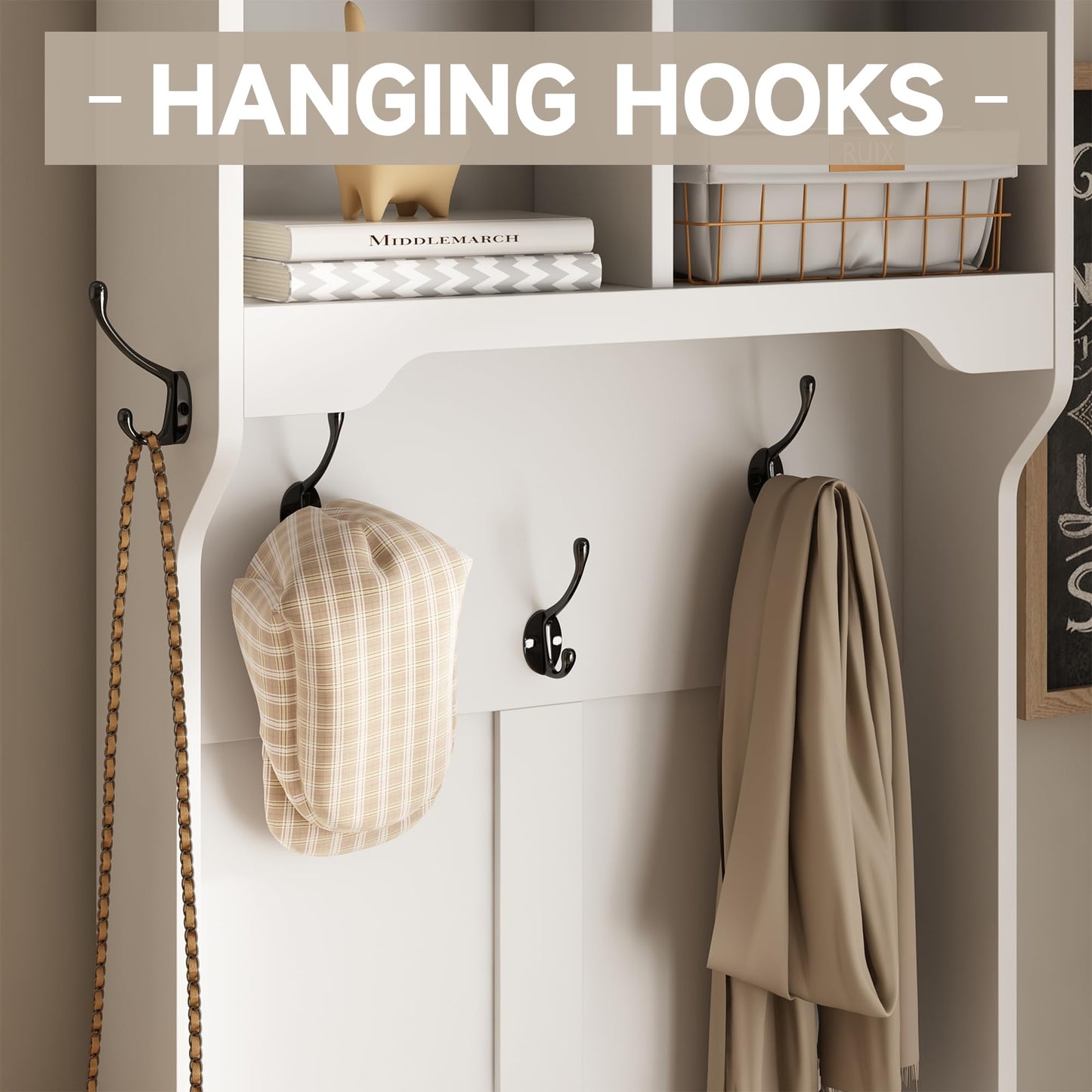 Maupvit Farmhouse Narrow Coat Rack with Shoe Storage, 6 Shoe Cubbies & 5 Coat Hooks, Entryway Furniture with Hall Tree, Ideal for hallways, living rooms and Mudrooms. - WoodArtSupply