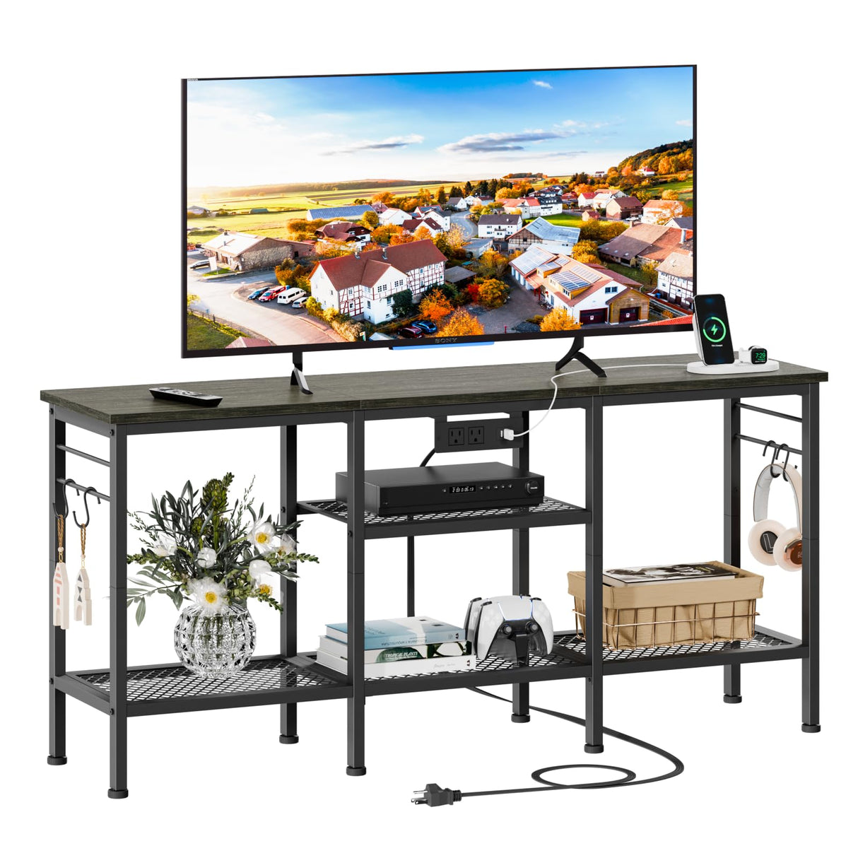 Furologee TV Stand with Power Outlets, Entertainment Center with Open Storage Shelves for TVs up to 55 Inch, TV Media Console Table with Soundbar Shelf for Living Room, Bedroom, Black Oak Furologee