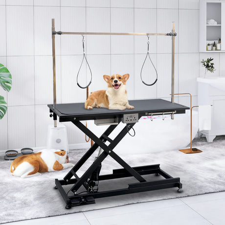 SoarFlash 49.6” Electric Lift Pet Dog Grooming Table,Heavy Duty Electric Grooming Table for Dogs&Cats,Heavy Duty Height Adjustable with Overhead Arm, Clamps, Two Grooming Noose SoarFlash