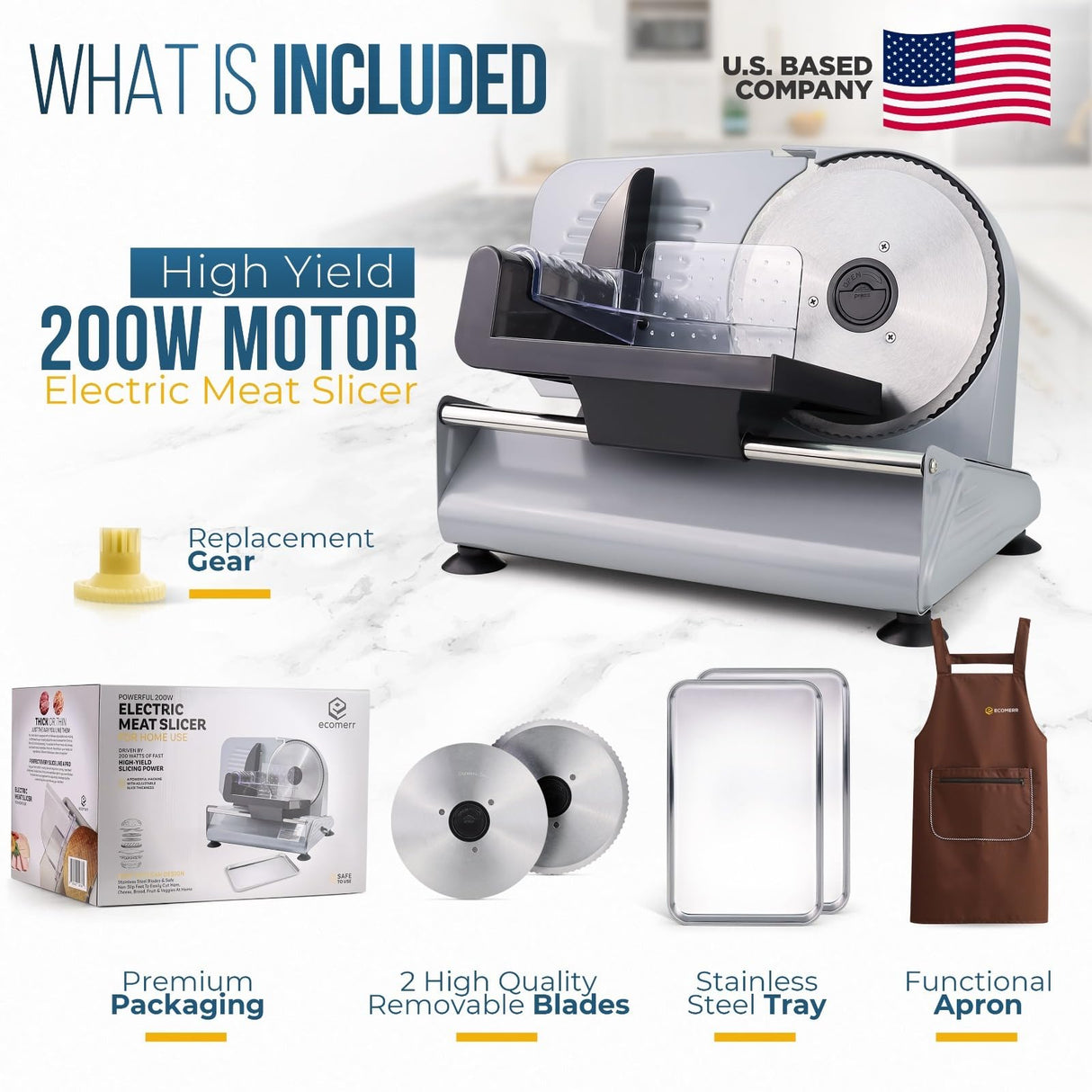 Meat Slicer, 200W Powerful Electric Food Slicer-Deli Meat Slicer Machine for Home Use for, Cheese, Bread, Vegetables-2 Round 7.5" Stainless Steel Blade, Child Lock Protection & Adjustable Thickness Ecomerr