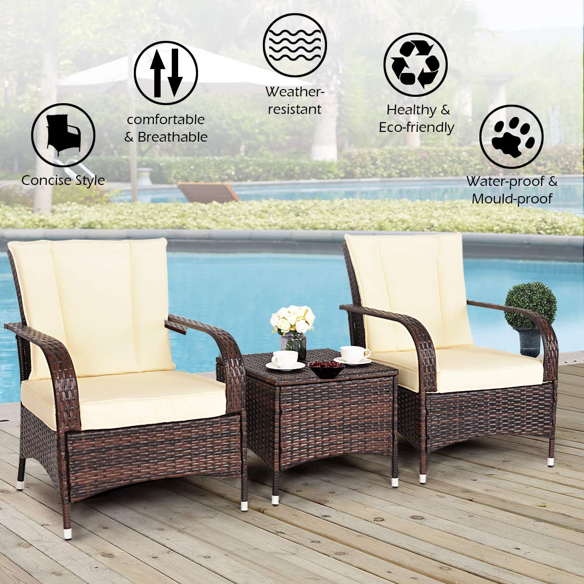 Tangkula 3 Piece Patio Furniture Set, 2 Wicker Chairs with Glass Top Coffee Table, Outdoor Garden Porch Poolside Furniture Set for 2, Rattan Conversation Set Tangkula