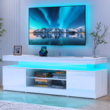 Verano Garden 63" LED TV Stand for 75 Inch TV, High Gloss Entertainment Center with 2 Storage Cabinets and Open Shelf, Modern TV Media Console with Power Outlet & Light for Living Room, Bedroom, White Verano Garden