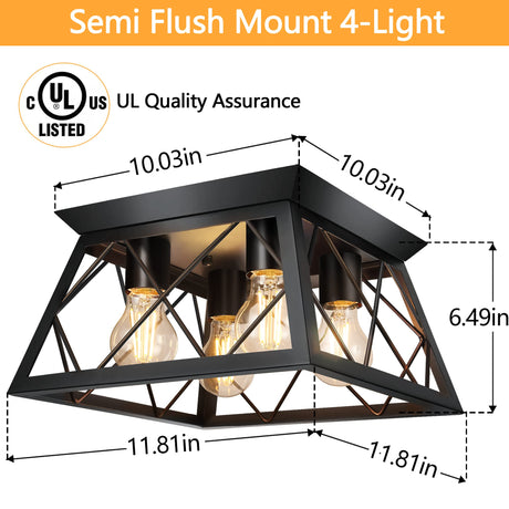 FadimiKoo 4-Light Black Flush Mount Ceiling Light for Kitchen Hallway, Industrial Close to Ceiling Lighting, Farmhouse Square Cage Lamp for Dining Room, Living Room, Bulb Not Included FadimiKoo