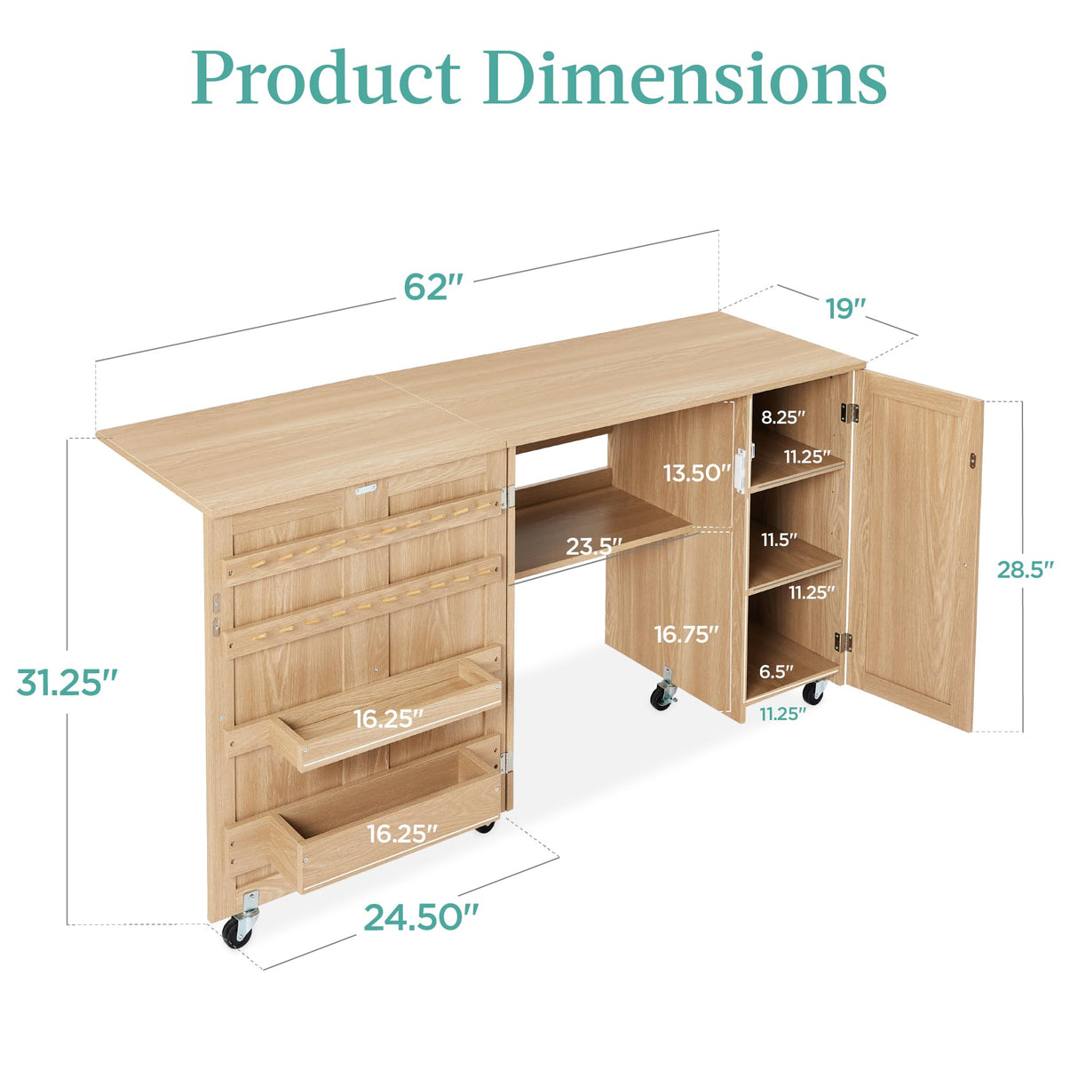 Best Choice Products Large Folding Sewing Table, Multipurpose Portable Craft Station & Side Desk w/Compact Design, Caster Wheels, Storage Shelves, 2 Storage Trays, Magnetic Doors - Light Brown Best Choice Products