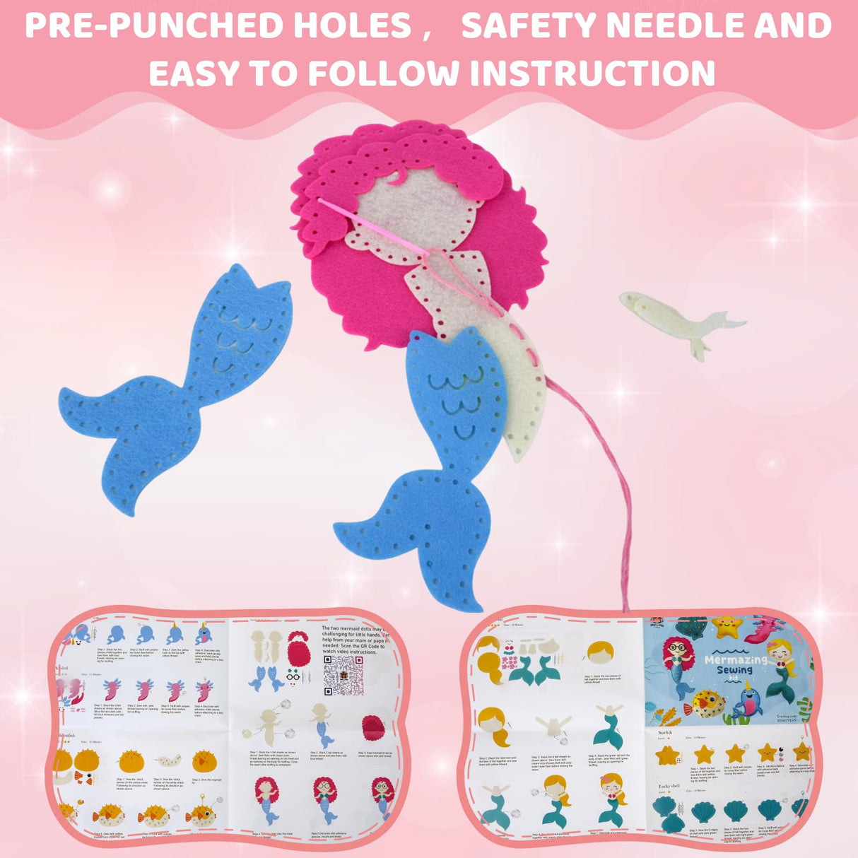 SPROUT & SPARK STUDIO Sewing Kit for Kids Ages 5+ | Crafts Toys for Girls with 7 Easy Felt Projects | Beginner Crochet & Knitting Starter Set | Mermaid Stuffed Dolls, Play & Learn DIY Art SPROUT & SPARK STUDIO