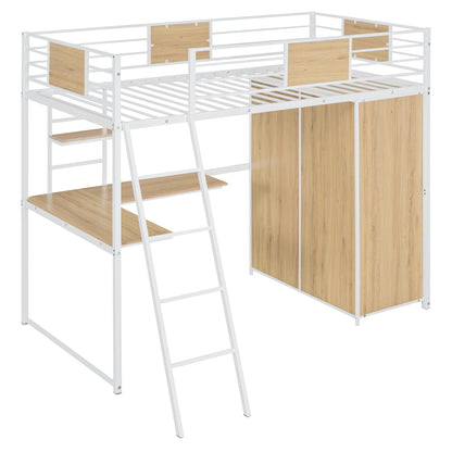 Twin Loft Bed with Desk and Storage Shelf, Twin Size Loft Bed with Wardrobe and L-Shaped Desk, Heavy Duty Loft Bed with Ladder and Guardrail(Twin Loft Bed White)