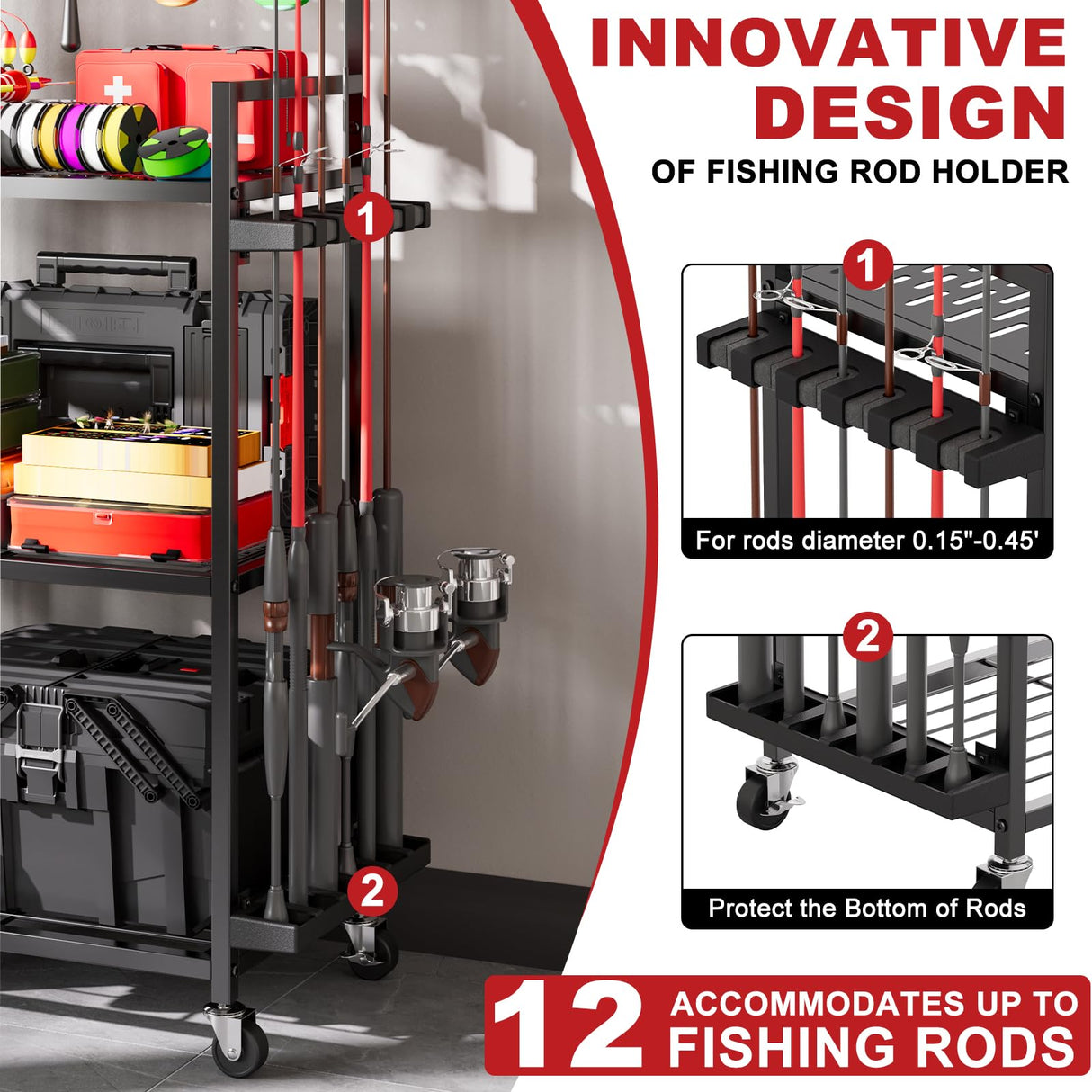 Fishing Rod Holders for Garage, Fishing Rod Storage Rack with Hooks & Wheels, Fishing Pole Holder Organizer, Tackle Box & Reel Storage Black SEEAHEAD