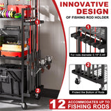 Fishing Rod Holders for Garage, Fishing Rod Storage Rack with Hooks & Wheels, Fishing Pole Holder Organizer, Tackle Box & Reel Storage Black SEEAHEAD