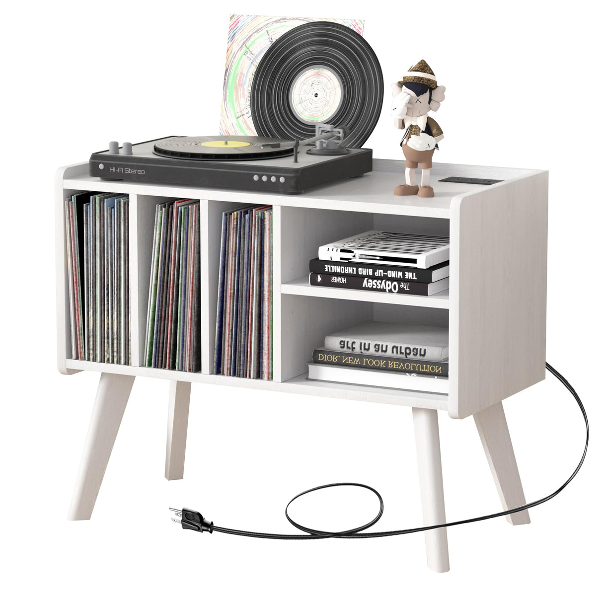 Forevich Record Player Stand Table with Vinyl Storage Holder Large Turntable Record Stand with Power Outlet Holds Up to 220 Albums Display Shelf Cabinet with Wood Legs for Living Room White Forevich