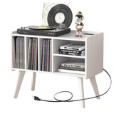 Forevich Record Player Stand Table with Vinyl Storage Holder Large Turntable Record Stand with Power Outlet Holds Up to 220 Albums Display Shelf Cabinet with Wood Legs for Living Room White Forevich