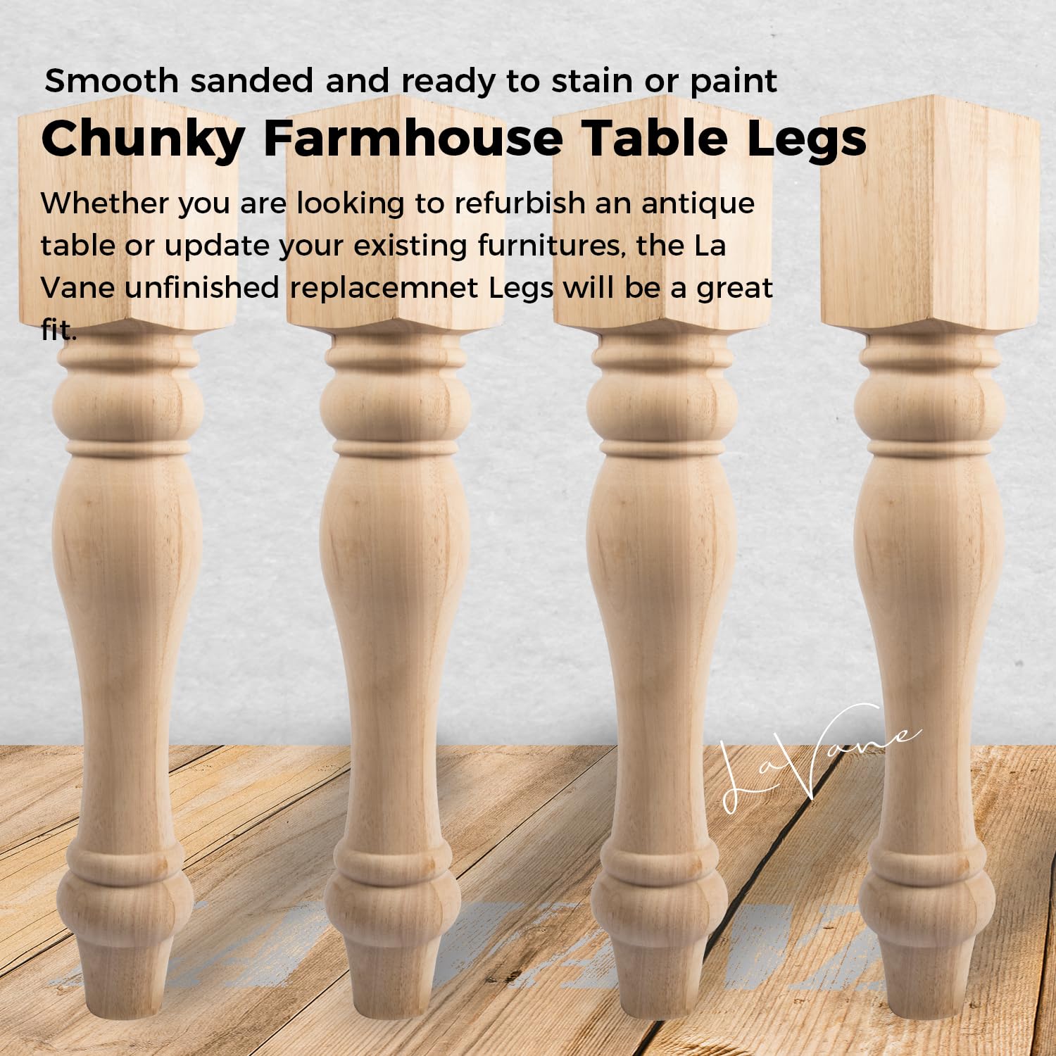 La Vane 16x3.5x3.5inch Chunky Farmhouse Table Legs, Set of 4 Unfinished Rubber Wood Replacement Table Legs for Bench Coffee Table Dining Table - WoodArtSupply