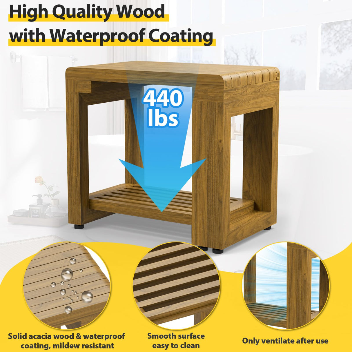 Update Adjustable Wooden Shower Benches for Inside Shower, 26.4'' Wood Shower Bench Waterproof, 440lbs Bathroom Bench with Storage, Sauna Bench for Bathroom, Shower Chairs for Seniors Adults Elderly WXCOPON