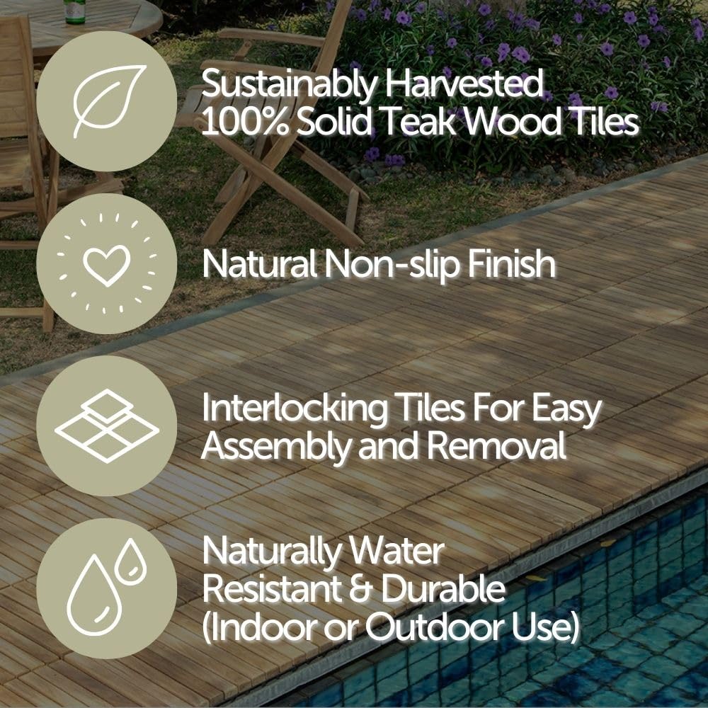 Nordic Style Teak Interlocking Tiles - Wooden Floor Tile Set for Indoor and Outdoor Use - Perfect for Sauna, Patio, Deck, Spa Floors - 10 Square Feet (12" x 12" - 9 Slat Design, Natural Finish)