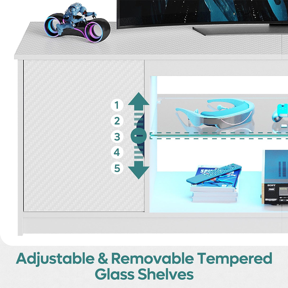 Bestier LED TV Stand with Power Outlets for 55/60/65 Inch TV, Gaming Entertainment Center with Cabinet for PS5, Modern TV Cabinet with Adjustable Glass Shelves for Bedroom 58 Inch Carbon Fiber White Bestier