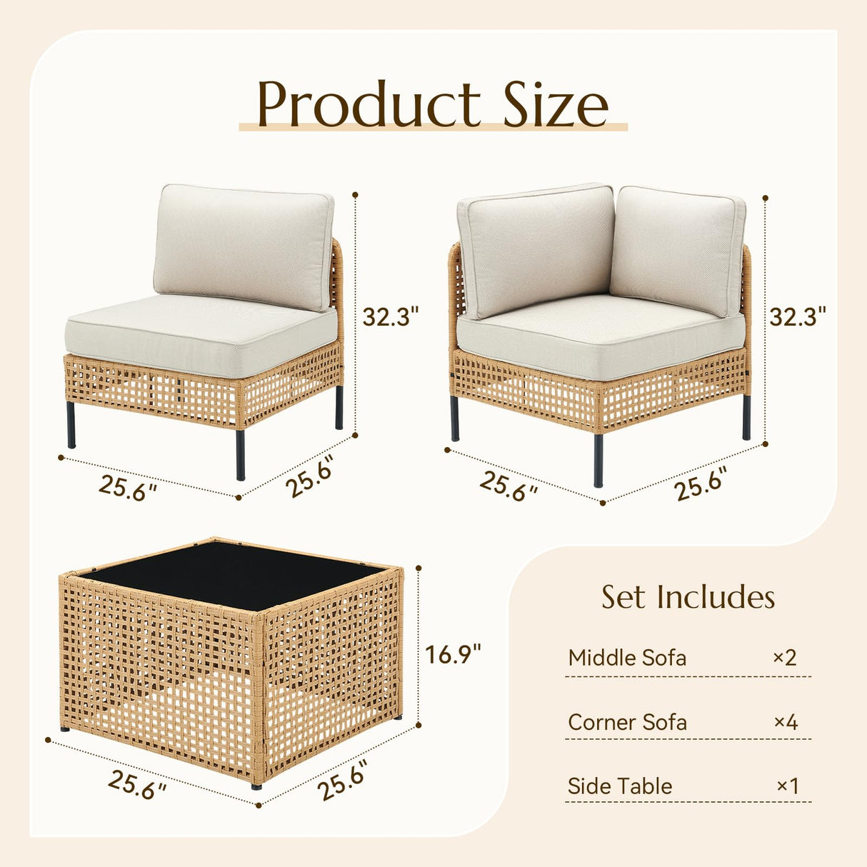 Outdoor Patio Furniture, 7-Piece Wicker Patio Furniture Set, Boho Patio Conversation Sets Sectional Sofa with All Weather Rattan Thick Cushions, Outdoor Sectional Sofa Set with Coffee Table, Beige PPorfamilia