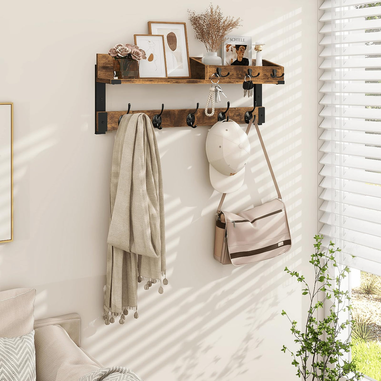 Homode Coat Rack with Shelf, Wall Shelf with Hooks, 26 Inch Long Coat Hanger Wall Mount with Key and Mail Holder, Wood Entryway Shelves for Hanging Hat Jacket Backpack Purse, Rustic Brown Black Homode