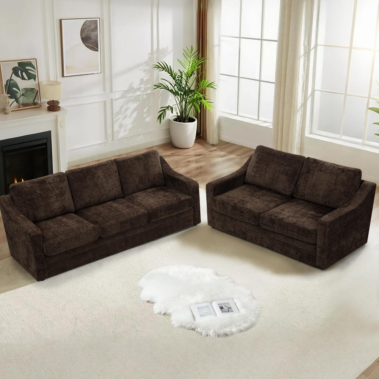 ACMEASE 2 Pieces Chenille Sofa Sets w/Comfortable Back Cushions, Modern Loveseat & Sofa w/Deep Seat Space, Upholstered 2 Seat & 3 Seats Couch Sets w/High Resiliency Foam for Living Room, Office Brown ACMEASE